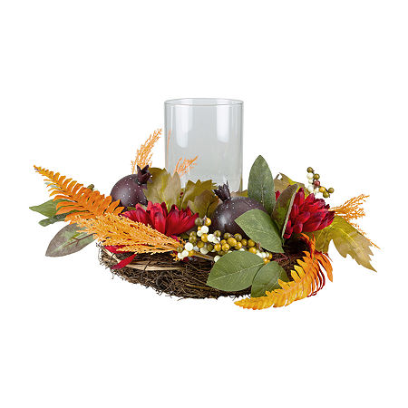 Northlight 22in Mums With Pomegranate Fall Centerpiece Candle Holder, One Size, Red