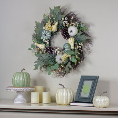 Northlight 22in Green And White Pumpkins With Berries Artificial Fall Harvest Wreath