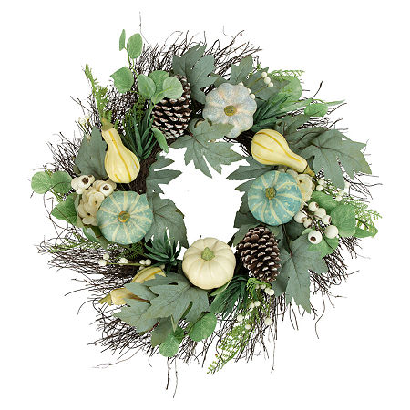 Northlight 22in Green And White Pumpkins With Berries Artificial Fall Harvest Wreath, One Size, Green