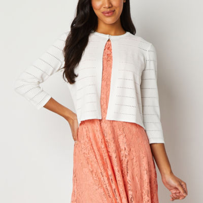 Danny & Nicole Womens Round Neck 3/4 Sleeve Striped Shrug, Color Ivory