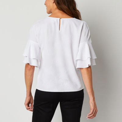 Liz Claiborne Womens Round Neck Elbow Sleeve Blouse