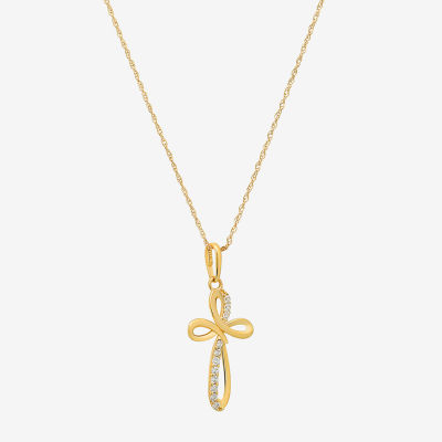 Religious Jewelry Womens White Cubic Zirconia 14K Gold Cross Pendant Necklace