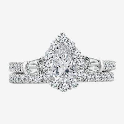 Signature By Modern Bride (H-I / Si2-I1) Womens 2 CT. T.W. Lab Grown White Diamond 10K Gold Pear Side Stone Halo Bridal Set