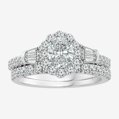 Signature By Modern Bride (G / Si1-Si2) Womens 2 CT. T.W. Lab Grown White Diamond 14K White Gold Oval Side Stone Halo Bridal Set