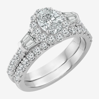 Signature By Modern Bride (G / Si1-Si2) Womens 2 CT. T.W. Lab Grown White Diamond 14K White Gold Oval Side Stone Halo Bridal Set