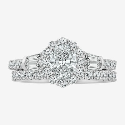 Signature By Modern Bride (G / Si1-Si2) Womens 2 CT. T.W. Lab Grown White Diamond 14K White Gold Oval Side Stone Halo Bridal Set