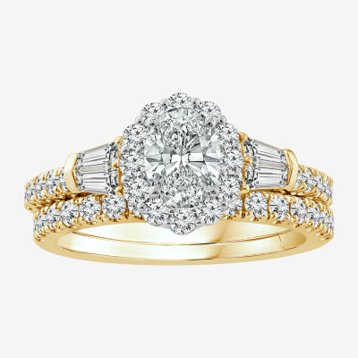 Signature By Modern Bride (G / Si1-Si2) Womens 2 CT. T.W. Lab Grown White Diamond 14K Gold Oval Side Stone Halo Bridal Set