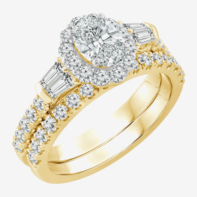 Signature By Modern Bride (G / Si1-Si2) Womens 2 CT. T.W. Lab Grown White Diamond 14K Gold Oval Side Stone Halo Bridal Set