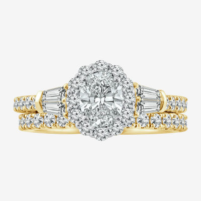 Signature By Modern Bride (G / Si1-Si2) Womens 2 CT. T.W. Lab Grown White Diamond 14K Gold Oval Side Stone Halo Bridal Set