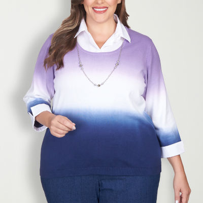 Alfred Dunner Lavender Fields Womens 3/4 Sleeve Ombre Layered Sweaters Plus