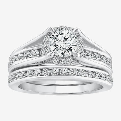 (G / Si1-Si2) Womens 1 1/2 CT. T.W. Lab Grown White Diamond 14K White Gold Round Side Stone Halo Bridal Set