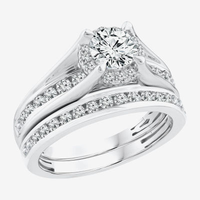 (G / Si1-Si2) Womens 1 1/2 CT. T.W. Lab Grown White Diamond 14K White Gold Round Side Stone Halo Bridal Set