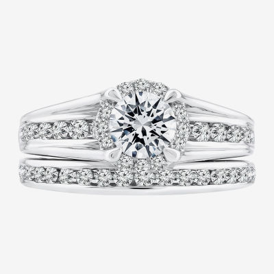 (G / Si1-Si2) Womens 1 1/2 CT. T.W. Lab Grown White Diamond 14K White Gold Round Side Stone Halo Bridal Set