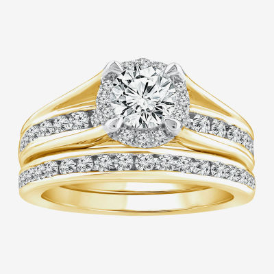 (G / Si1-Si2) Womens 1 1/2 CT. T.W. Lab Grown White Diamond 14K Gold Round Side Stone Bridal Set