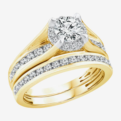 (G / Si1-Si2) Womens 1 1/2 CT. T.W. Lab Grown White Diamond 14K Gold Round Side Stone Bridal Set