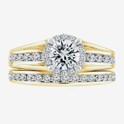 (G / Si1-Si2) Womens 1 1/2 CT. T.W. Lab Grown White Diamond 14K Gold Round Side Stone Bridal Set