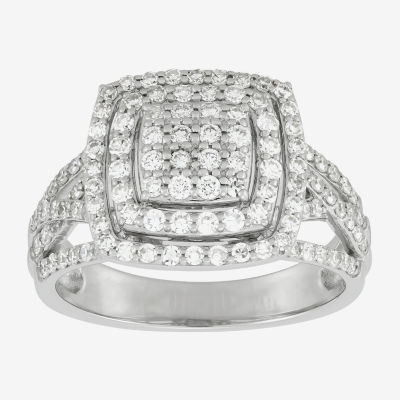 (H-I / Si2) Womens 1 CT. T.W. Lab Grown White Diamond Sterling Silver Cushion Halo Side Stone Cocktail Ring