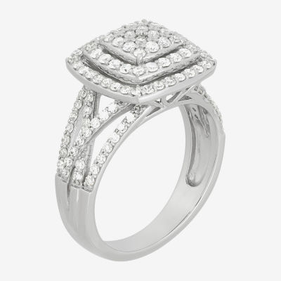 (H-I / Si2) Womens 1 CT. T.W. Lab Grown White Diamond Sterling Silver Cushion Halo Side Stone Cocktail Ring