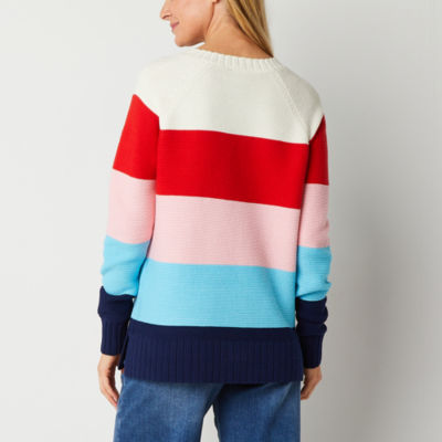 St. John's Bay Womens Crew Neck Long Sleeve Striped Pullover Sweater
