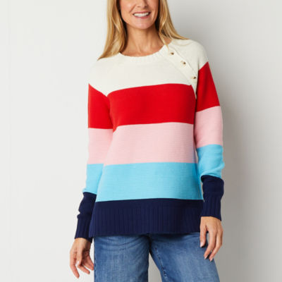 St. John's Bay Womens Crew Neck Long Sleeve Striped Pullover Sweater