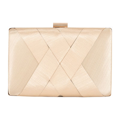 American Glamour Badgley Mischka Satin Jacquard Criss Cross Minaudiere Embellished Evening Bag