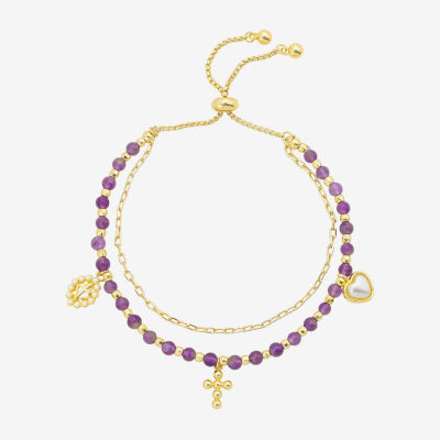 Footnotes Charm Beaded Womens Purple Amethyst 10K Gold Over Brass Cross Heart Bolo Bracelet