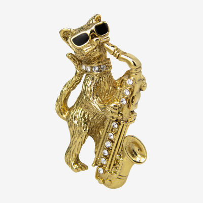1928 Gold Tone Cat Saxophone Black Crystal Brooch
