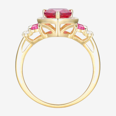 Womens Lab Created Red Ruby 14K Gold Over Silver Heart Halo Cocktail Ring