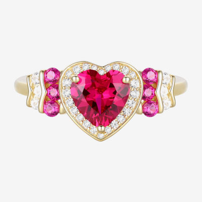 Womens Lab Created Red Ruby 14K Gold Over Silver Heart Halo Cocktail Ring