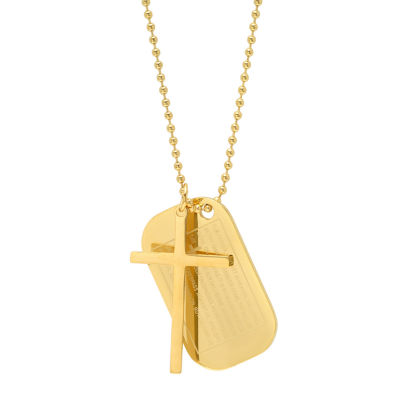 Lord'S Prayer Mens 18K Gold Over Stainless Steel Cross Dog Tag Pendant Necklace