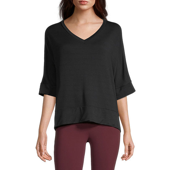 Stylus Step Hem Womens V Neck Short Sleeve Sweatshirt, Color: Black ...
