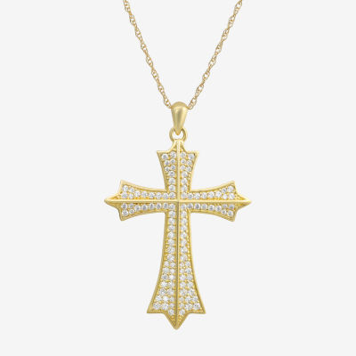 Mens White Cubic Zirconia 14K Gold Cross Pendant Necklace