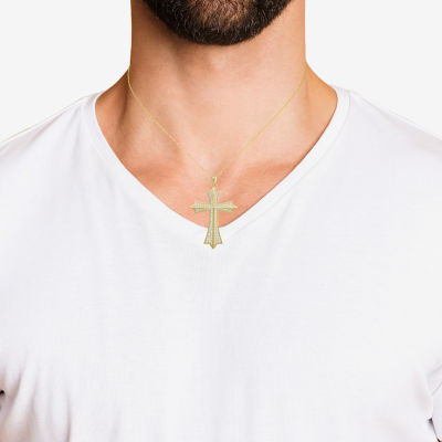 Mens White Cubic Zirconia 14K Gold Cross Pendant