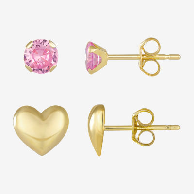 Pink Cubic Zirconia 10K Gold Heart 2 Pair Earring Set