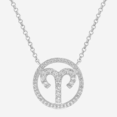 Aries Womens Cubic Zirconia Sterling Silver Round Pendant Necklace