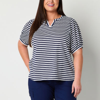 St. John's Bay Womens Plus Split Crew Neck Short Sleeve Blouse