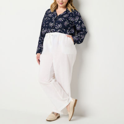 Liz Claiborne Linen Womens Plus Wide Leg Mid Rise Drawstring Pant