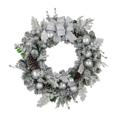 Northlight Glitter And Frosted Foliage Artificial With Bow 30-Inch Unlit Indoor Christmas Wreath