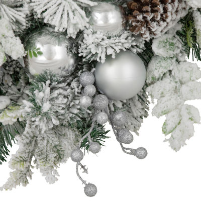 Northlight Glitter And Frosted Foliage Artificial With Bow 30-Inch Unlit Indoor Christmas Wreath