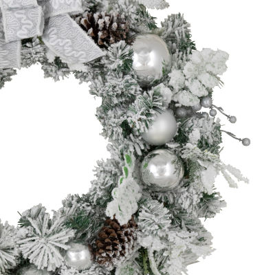 Northlight Glitter And Frosted Foliage Artificial With Bow 30-Inch Unlit Indoor Christmas Wreath