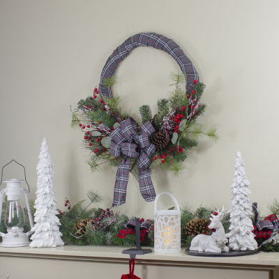 Northlight Gray And Red Plaid Artificial With Red Berries 24-Inch Unlit Indoor Christmas Wreath