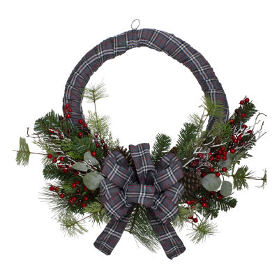 Northlight Gray And Red Plaid Artificial With Red Berries 24-Inch Unlit Indoor Christmas Wreath