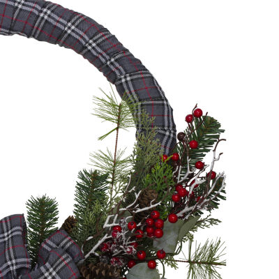 Northlight Gray And Red Plaid Artificial With Red Berries 24-Inch Unlit Indoor Christmas Wreath