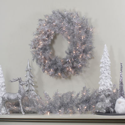 Northlight 24" Silver Tinsel Artificial Clear Lights Indoor Pre-Lit Christmas Wreath