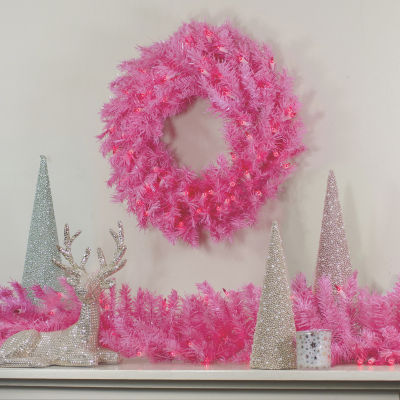 Northlight "36"" Pink Spruce Artificial Pink Lights" Pre-Lit Wreath