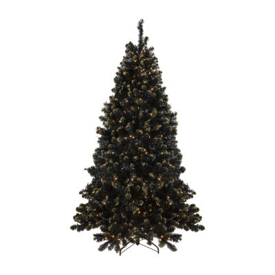 Northlight Black Crystal With Gold Glitter Artificial 7 1/2 Foot Pre-Lit Pine Christmas Tree