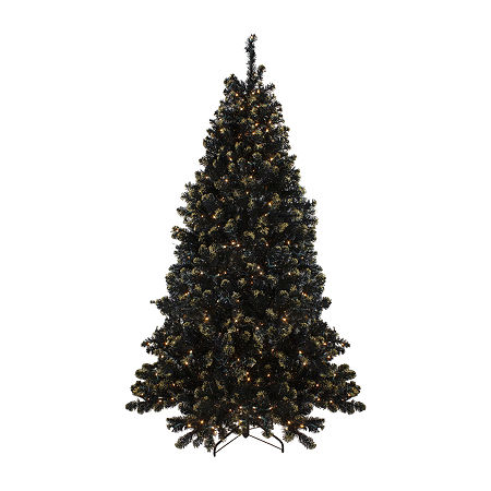 Northlight Black Crystal With Gold Glitter Artificial 7 1/2 Foot Pre-Lit Pine Christmas Tree, One Size, Black