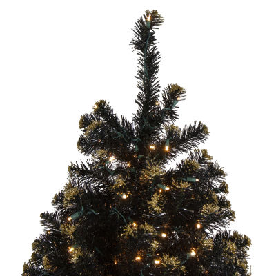 Northlight Black Crystal With Gold Glitter Artificial 7 1/2 Foot Pre-Lit Pine Christmas Tree