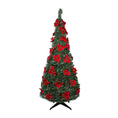 Northlight Slim Pre-Decorated Poinsettia Pop-Up Artificial 6 Foot Pre-Lit Christmas Tree