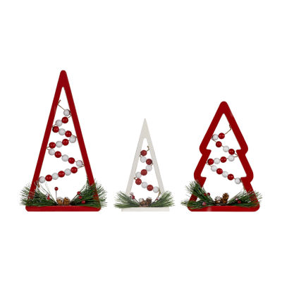 Northlight 3-pc. 11.75" Red And White Beaded Trees Wooden Christmas Tabletop Decor